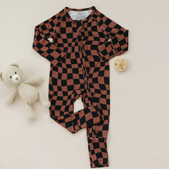 Bamboo Zip Romper | Chocolate Wavy Checkered