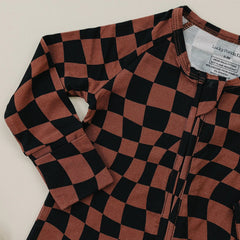 Bamboo Zip Romper | Chocolate Wavy Checkered