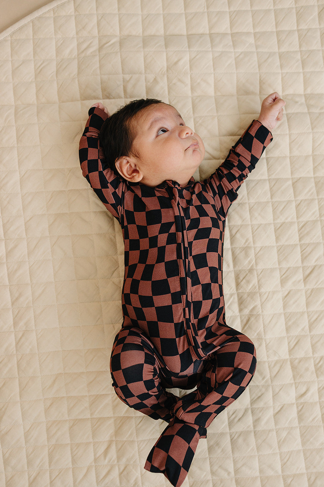 Bamboo Zip Romper | Chocolate Wavy Checkered