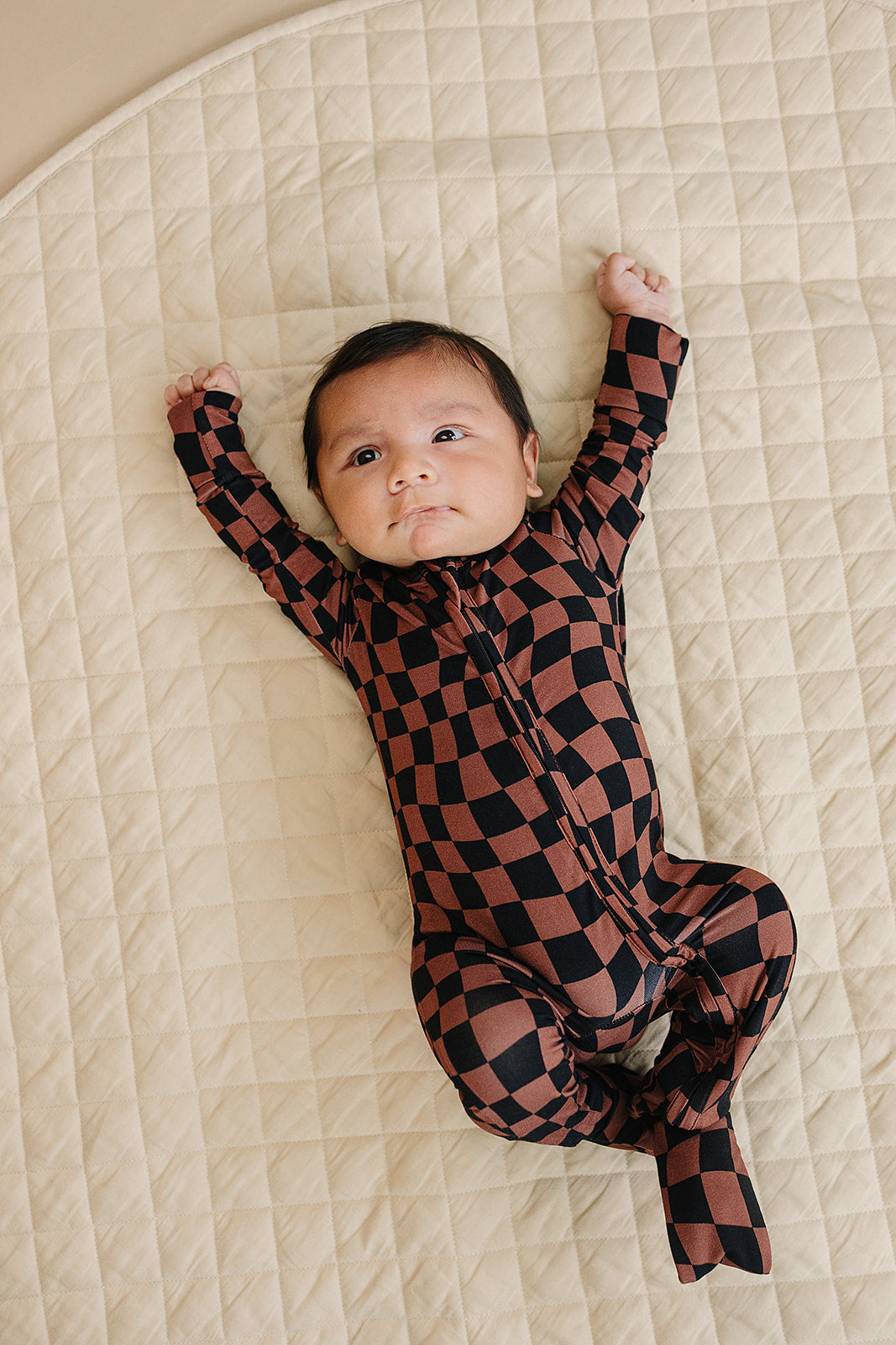 Bamboo Zip Romper | Chocolate Wavy Checkered