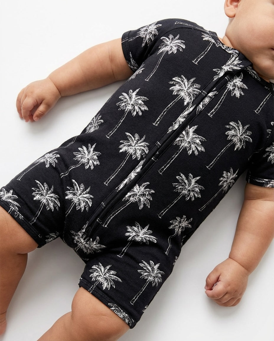 Bamboo Shorty Romper  | Palm Style Black