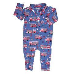 Blue Fire Truck Long-Sleeve Polo Romper